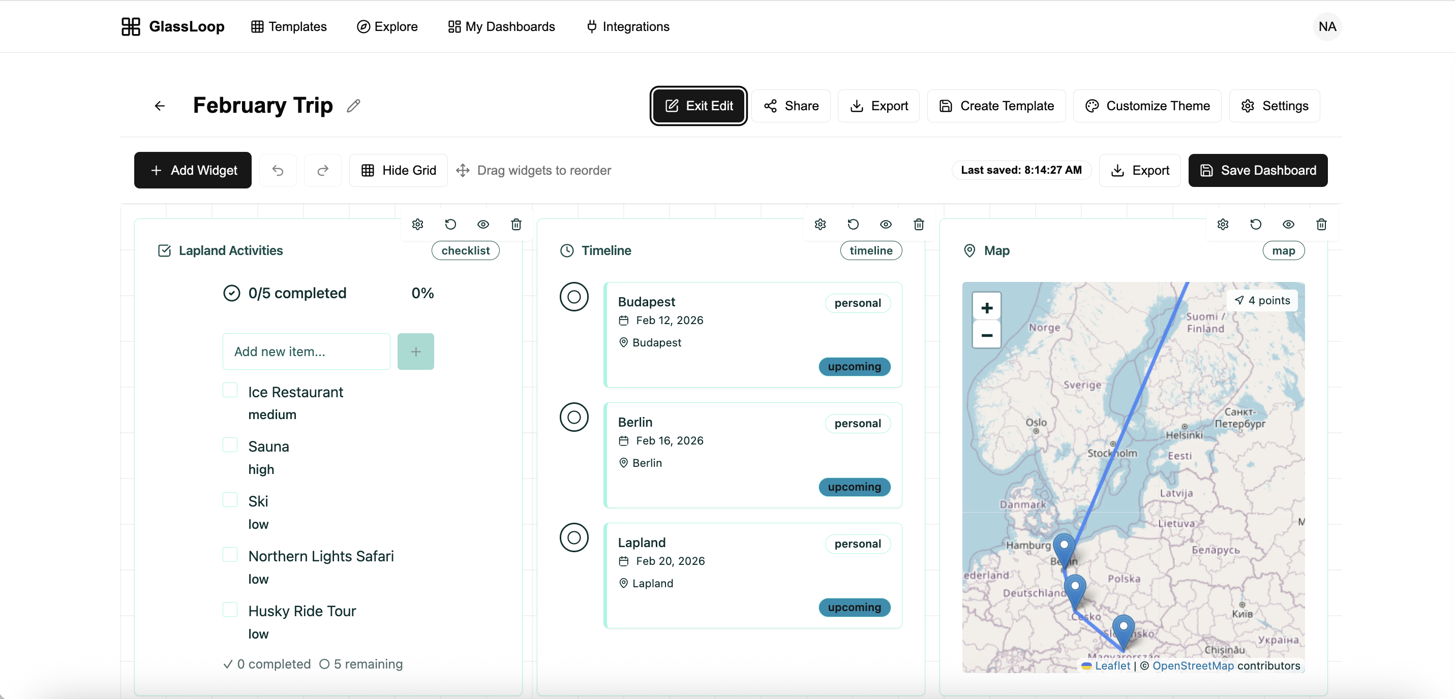 GlassLoop dashboard edit mode interface